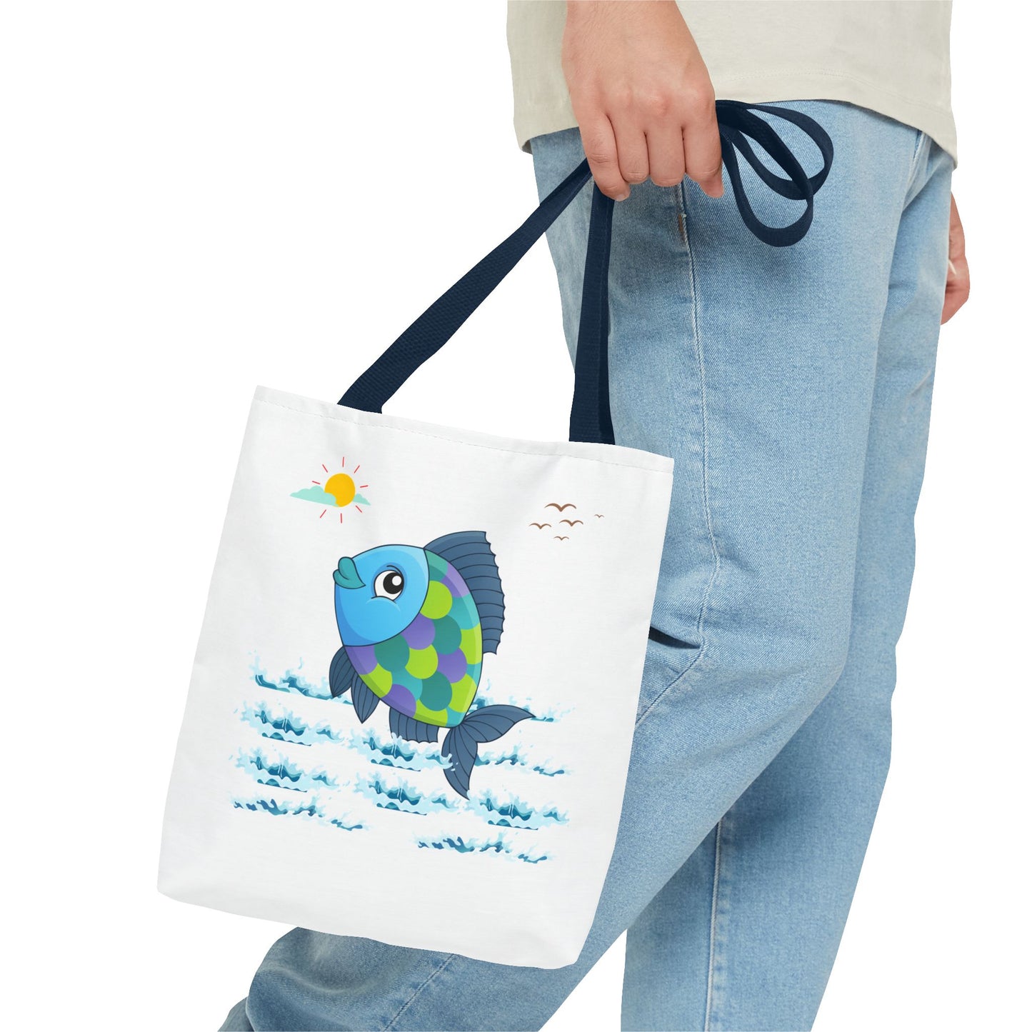 Fish with a sun and birds in the sky above water Tote Bag