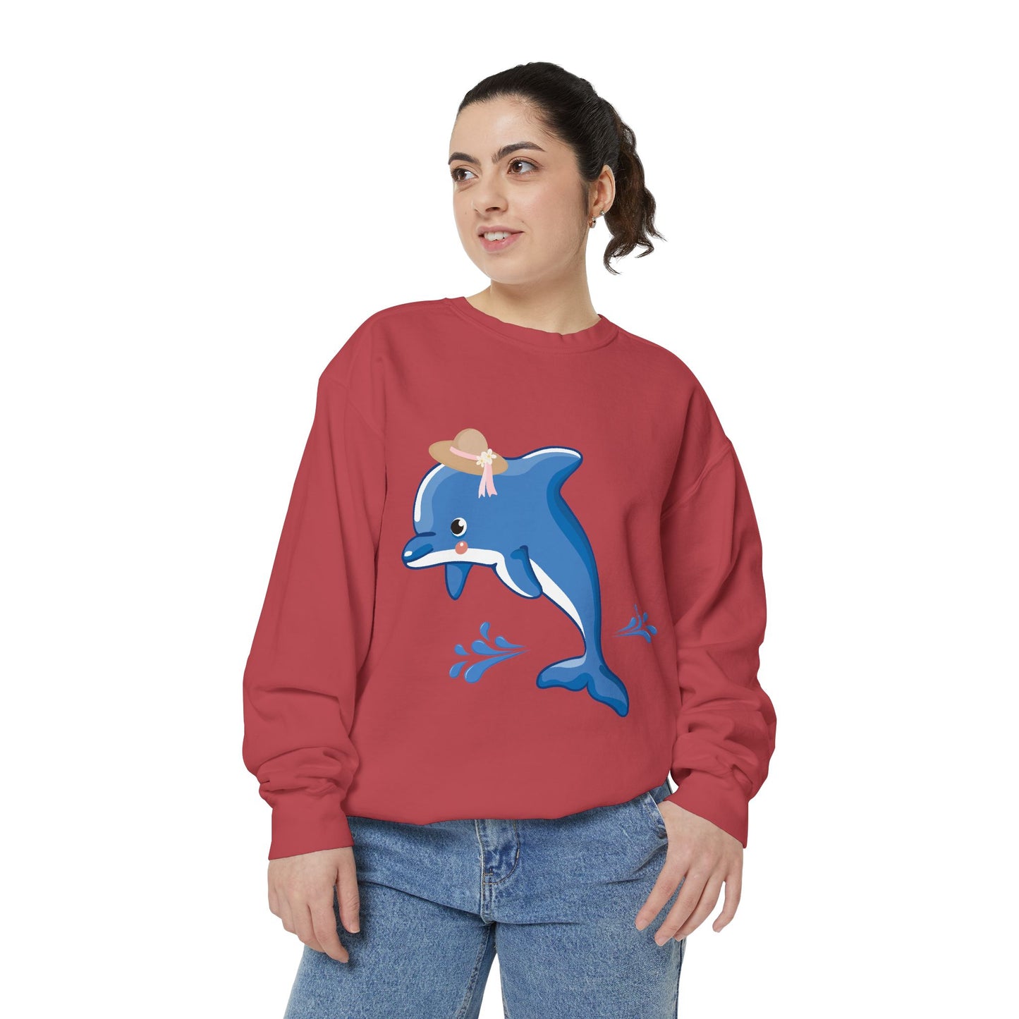 Dolphin wearing a straw hat with stylized water splashes Unisex Garment-Dyed Sweatshirt