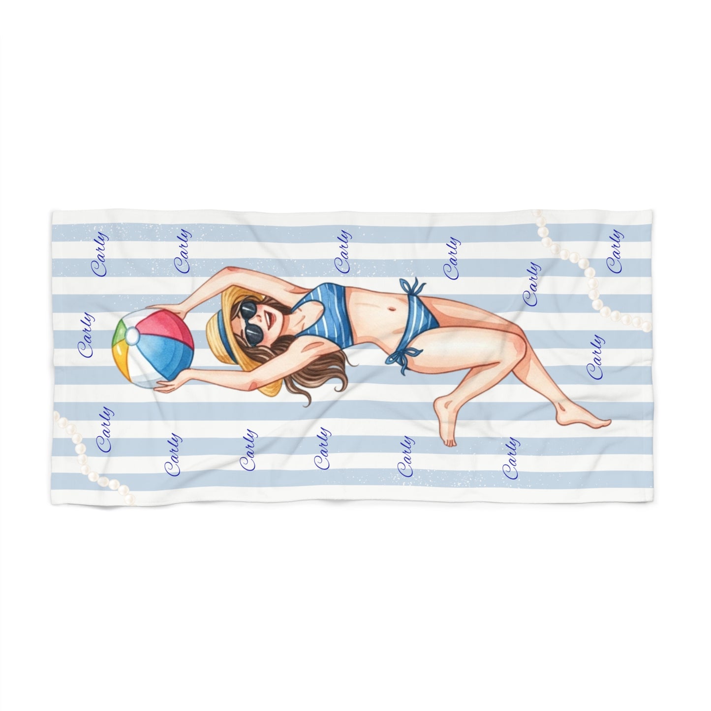 Cute Beach Girl Personalized Beach Towel — Custom Name Printed Striped Towel