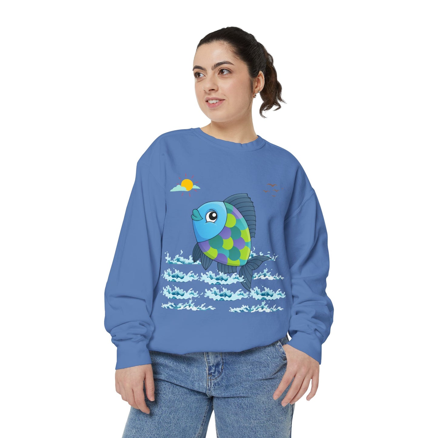 Fish with a sun and birds in the sky above water Unisex Garment-Dyed Sweatshirt