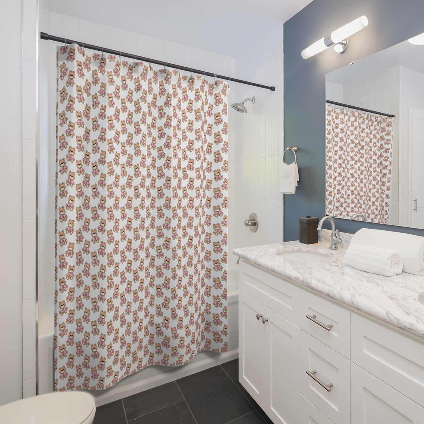 Cute Pink Teddy Bear Pattern Shower Curtain — Playful Nursery Bathroom Décor