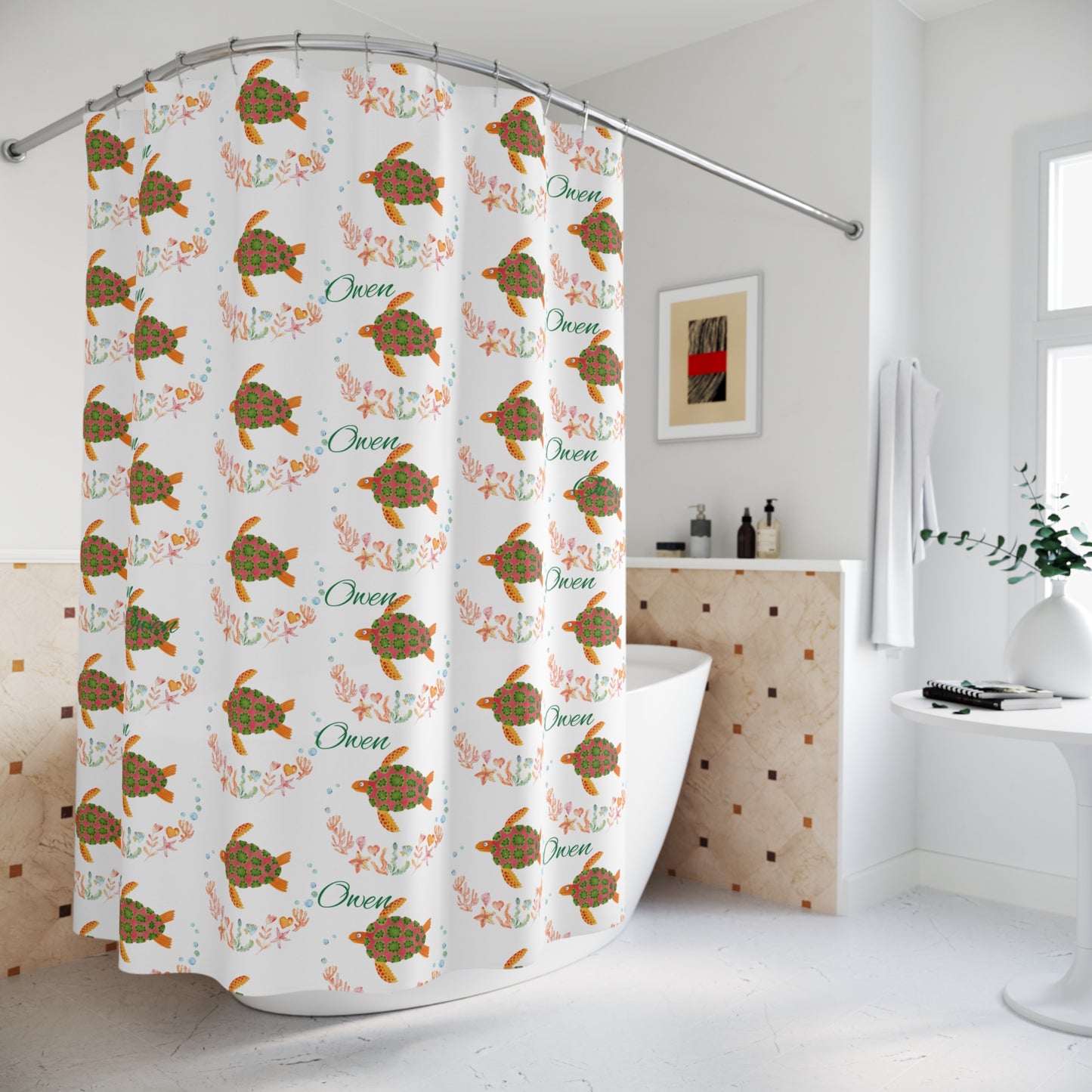 Sea Turtle Shower Curtain — Floral Ocean Pattern with "Owen" Name