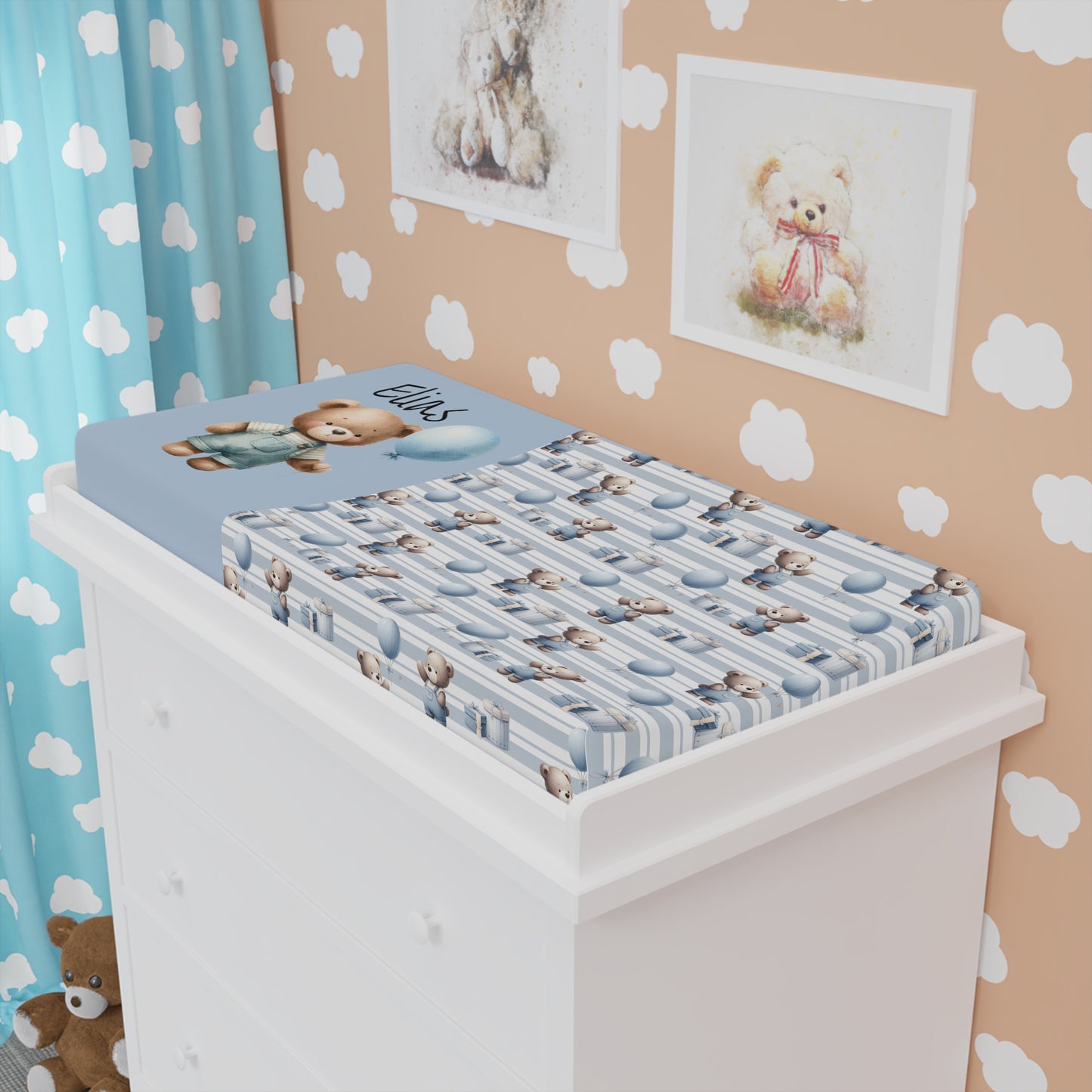 Personalized Blue Teddy Bear Baby Changing Pad Cover — Custom Name Newborn Nursery