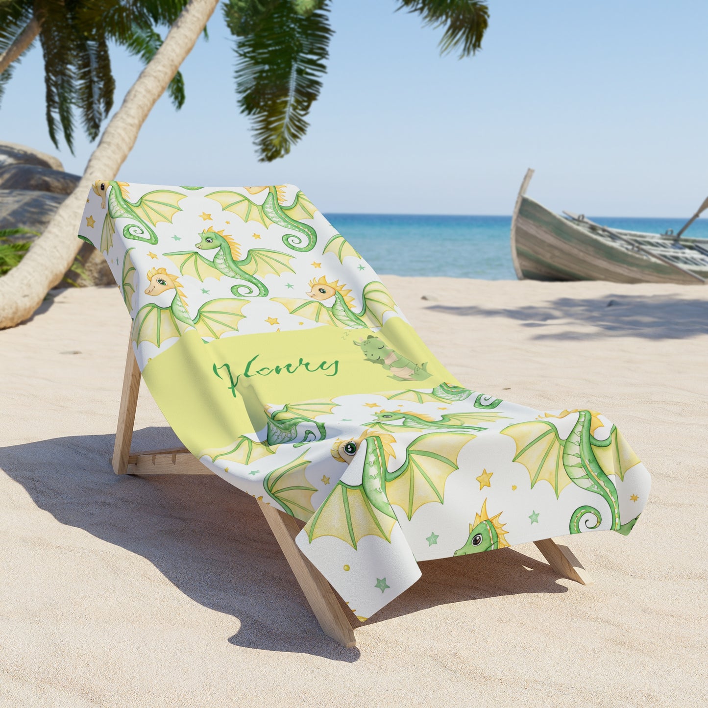 Personalized Green Sea Dragon Beach Towel - Floral Nautical Summer Towel