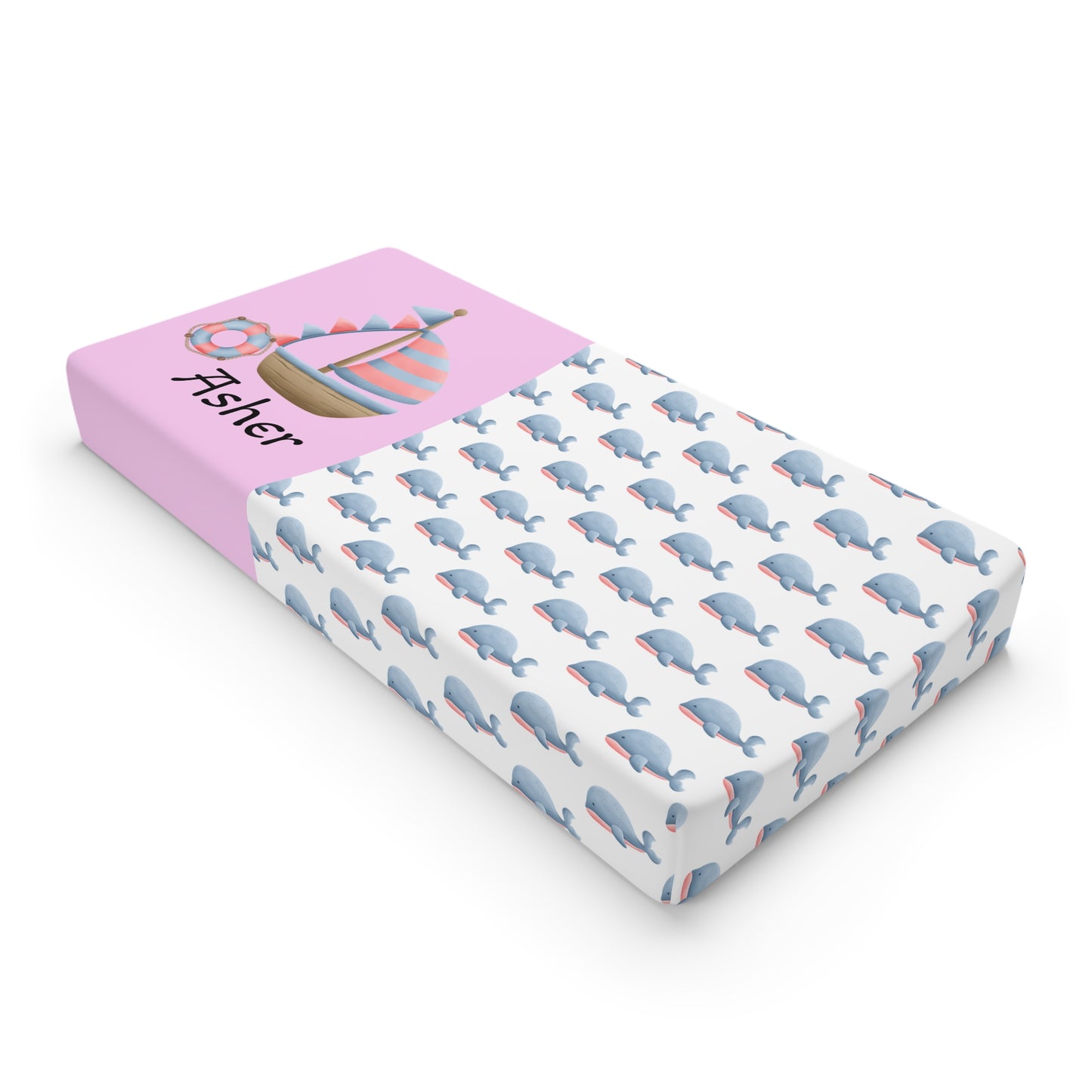 Whale Pattern Baby Changing Pad Cover — Personalized Pink Name Panel (Nursery Shower Gift)