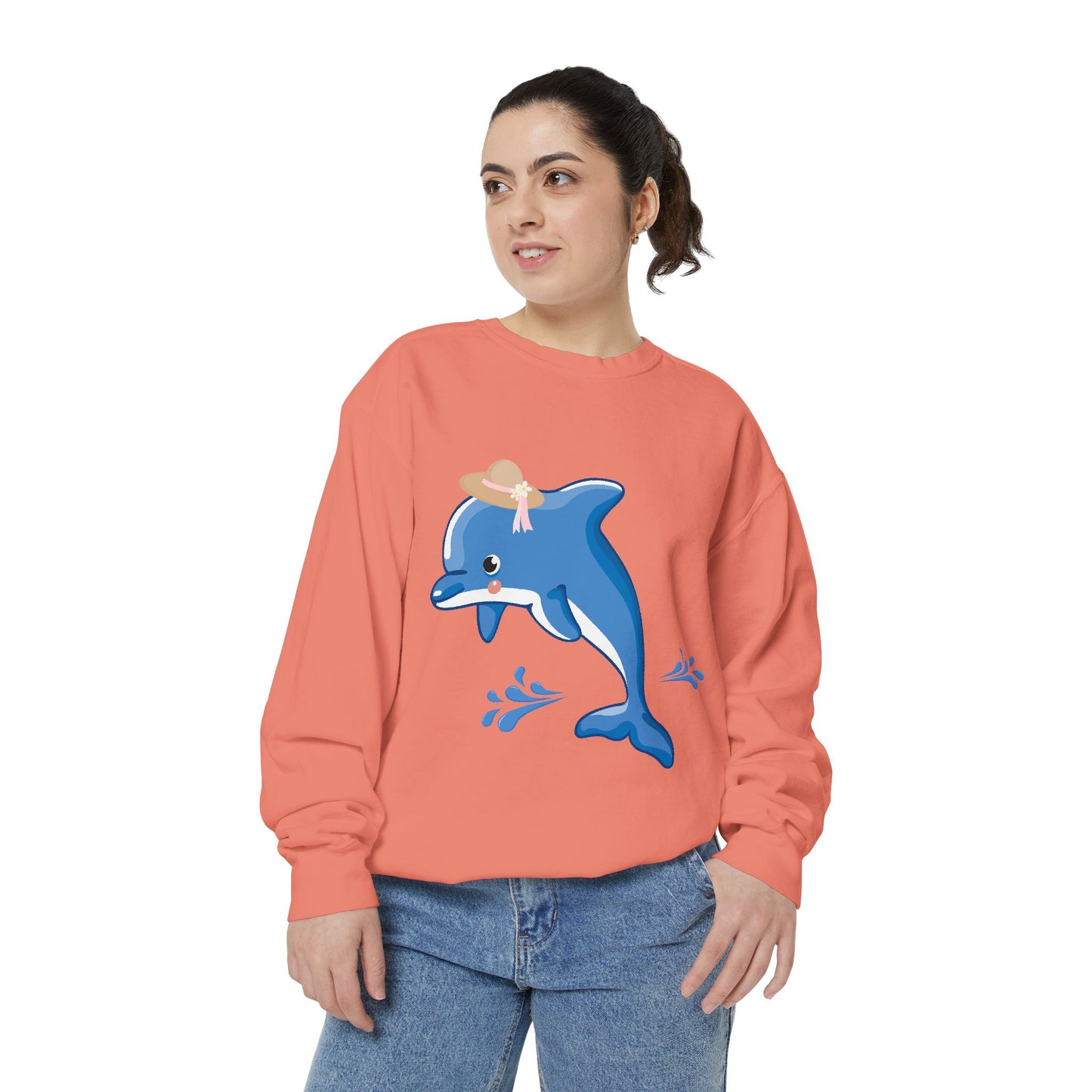 Dolphin wearing a straw hat with stylized water splashes Unisex Garment-Dyed Sweatshirt