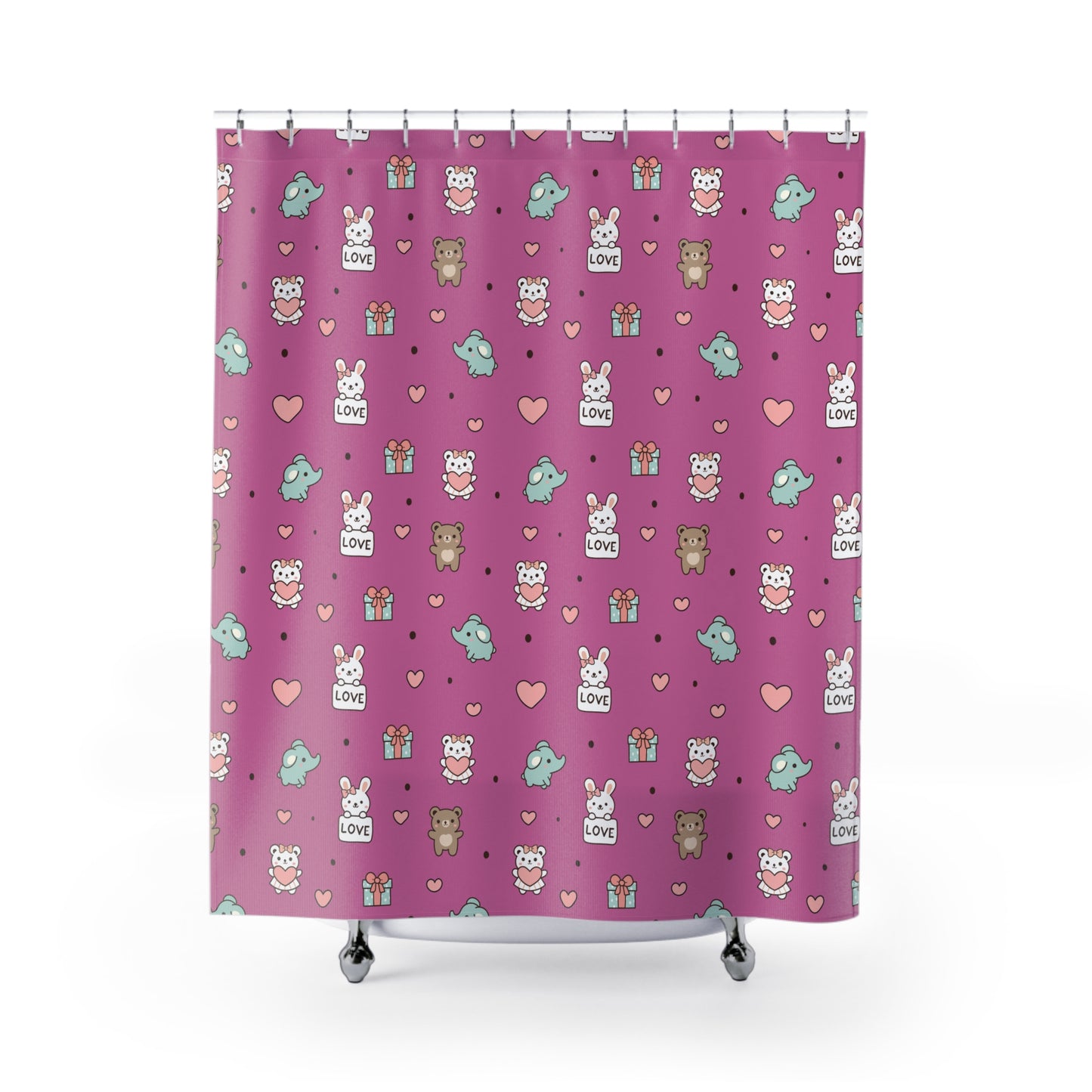 Cute Animal Pattern Shower Curtain — Pink Hearts, Gifts & 'Love' Bunny Design