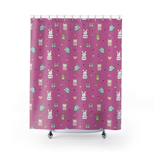 Cute Animal Pattern Shower Curtain — Pink Hearts, Gifts & 'Love' Bunny Design