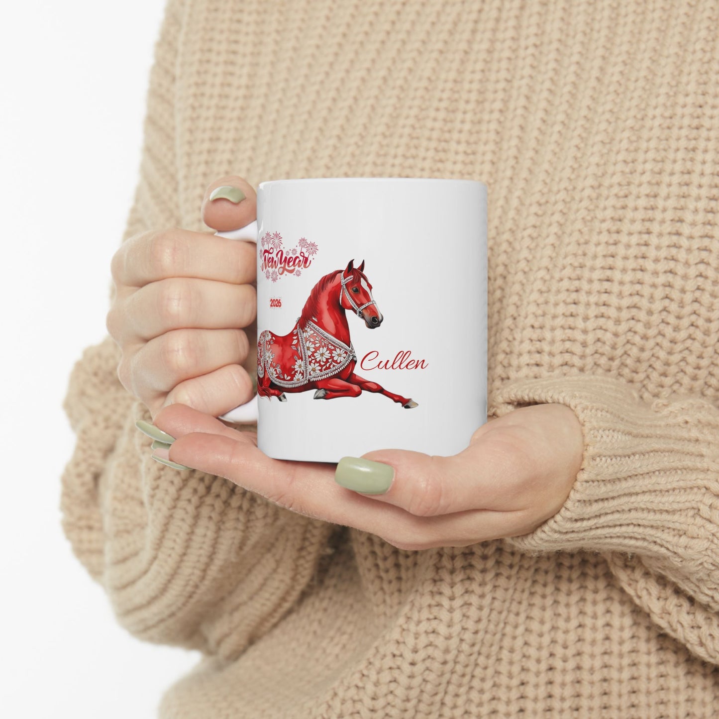 Personalized Red Horse Ceramic Mug — Floral Horse Illustration, Custom Name Option (11oz & 15oz)