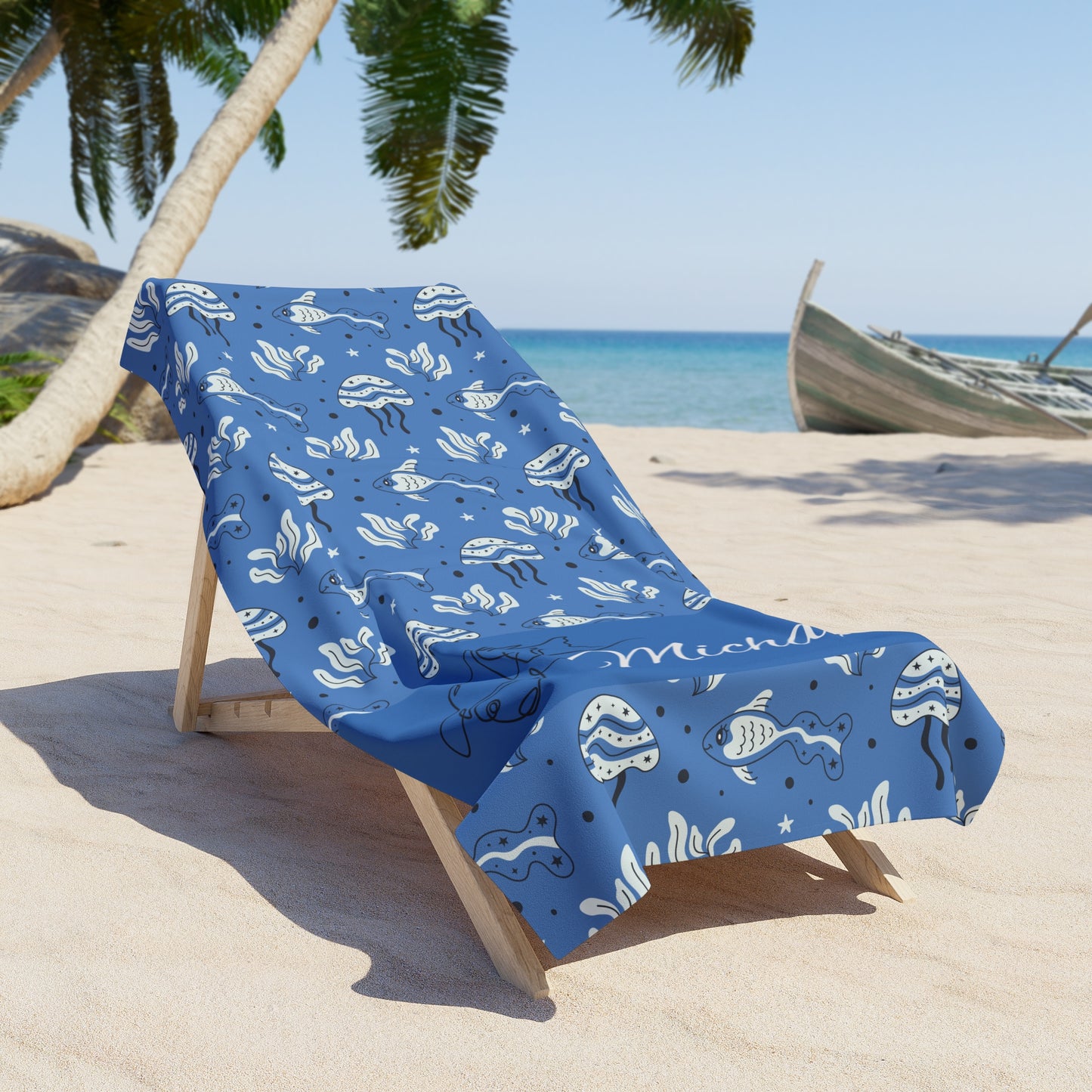 Personalized Blue Fish Beach Towel – Custom Name Coastal Cotton Towel