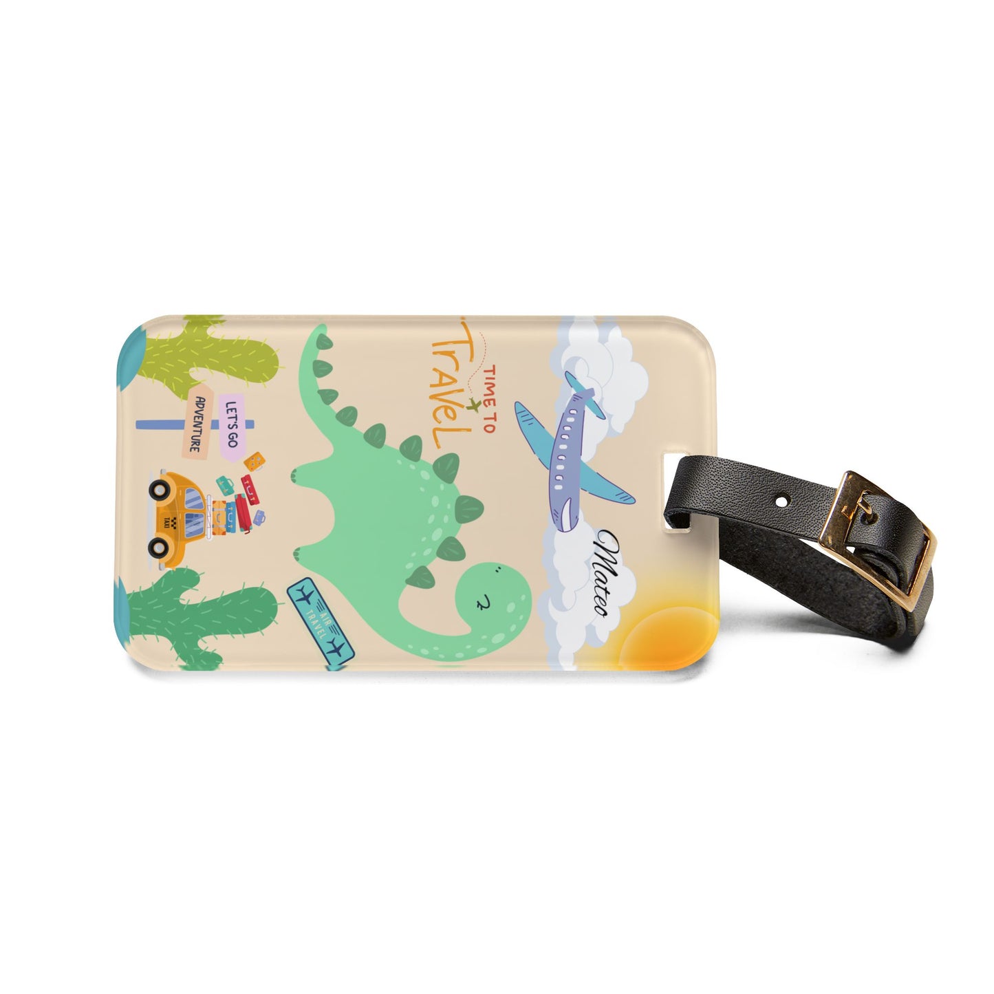 Kids Dinosaur Travel Luggage Tag — Personalized 'Time to Travel' ID Tag
