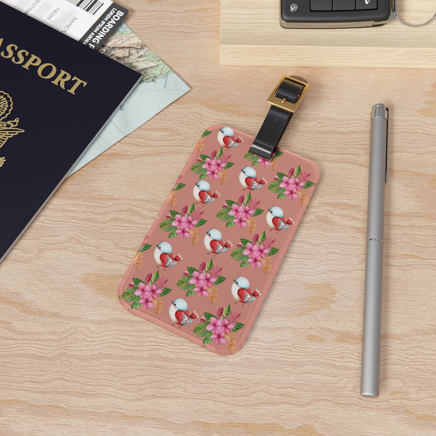 Floral Chickadee Luggage Tag — Cute Pink Bird & Blossom Travel ID