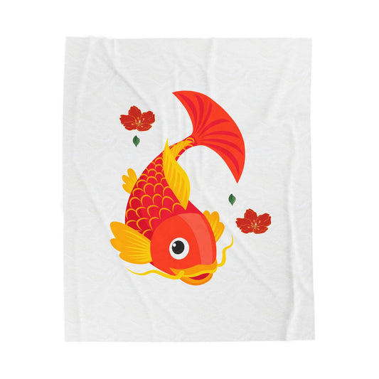 Goldfish with flowing fins and red blossoms Velveteen Plush Blanket
