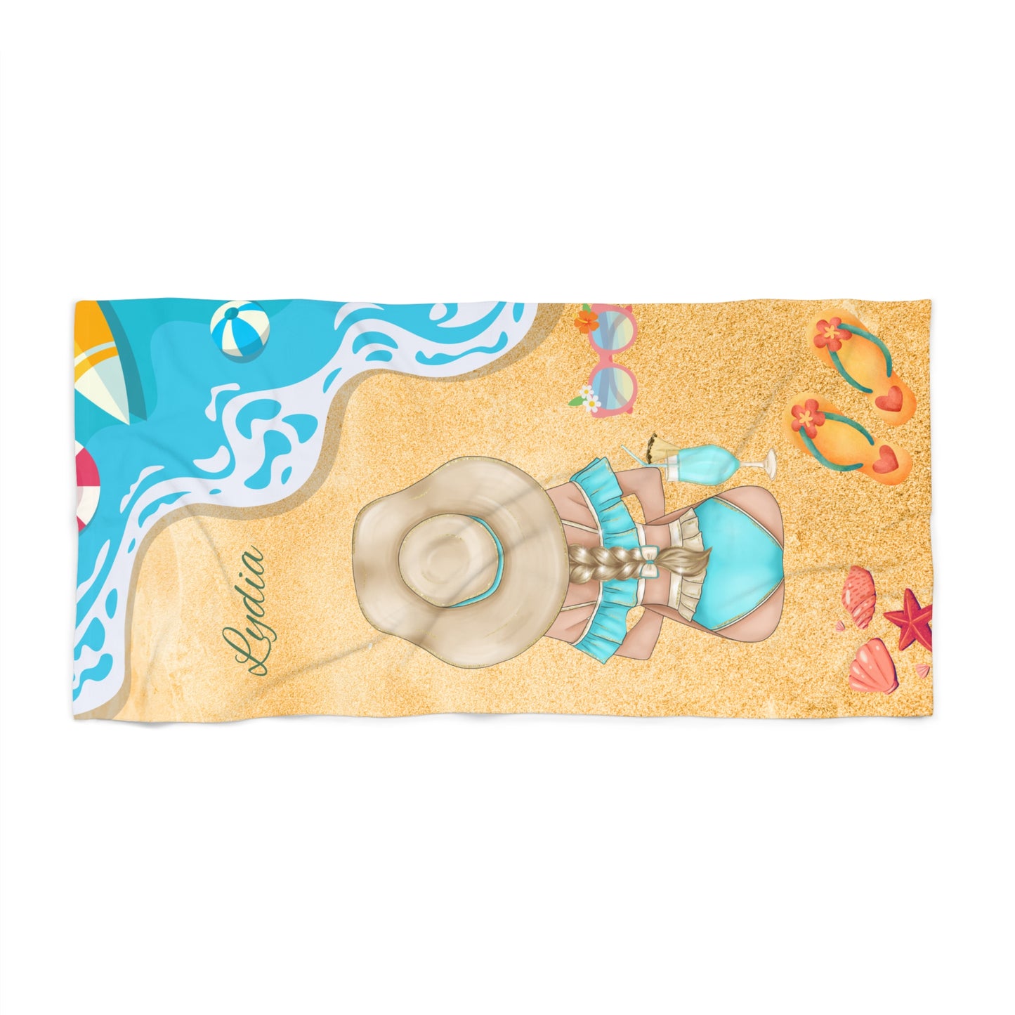 Personalized Beach Towel – Woman in Sun Hat Design (Custom Name)