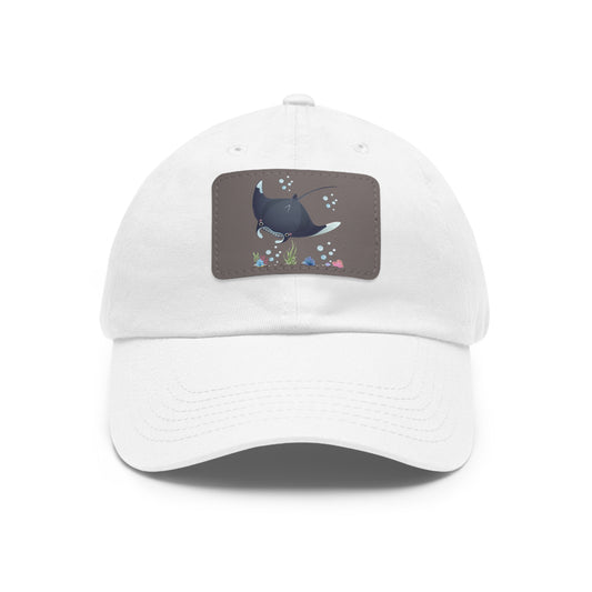 Manta ray with bubbles and coral reef Dad Hat with Leather Patch (Rectangle)