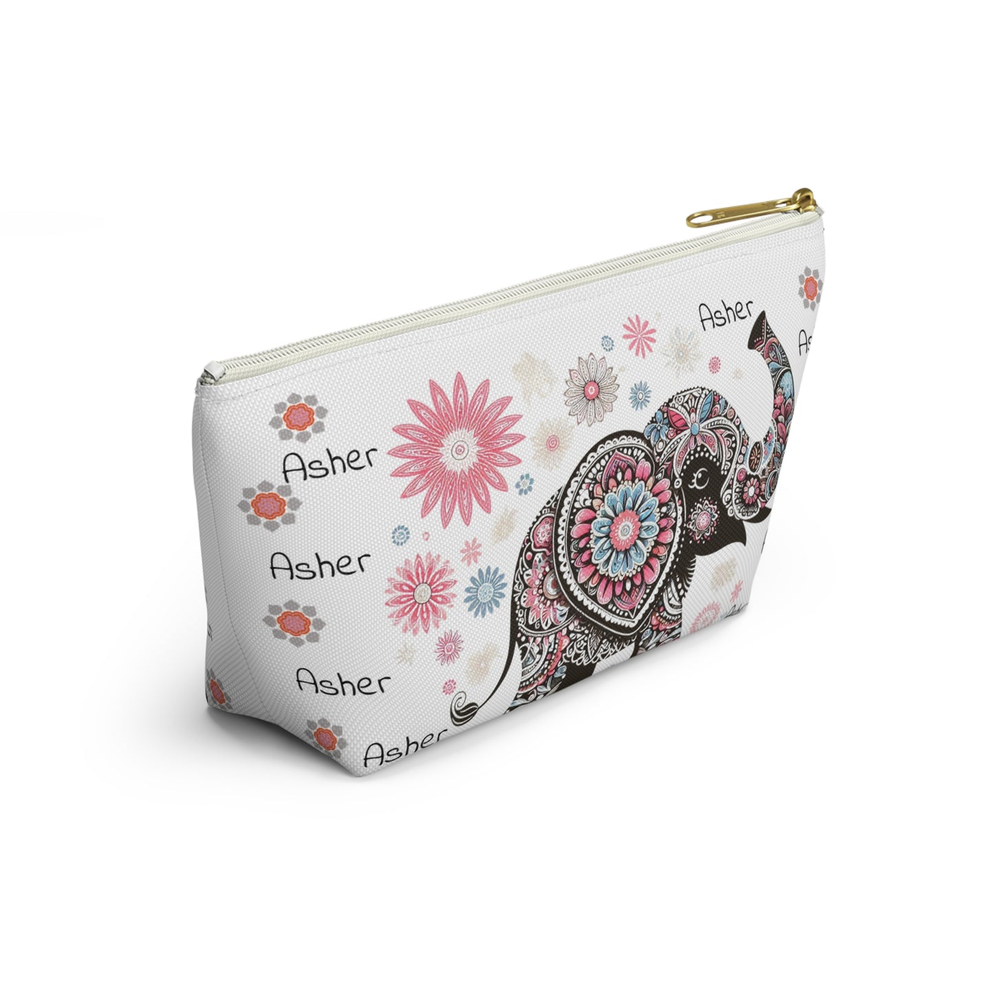 Personalized Elephant Accessory Pouch — Floral T-Bottom Makeup Bag