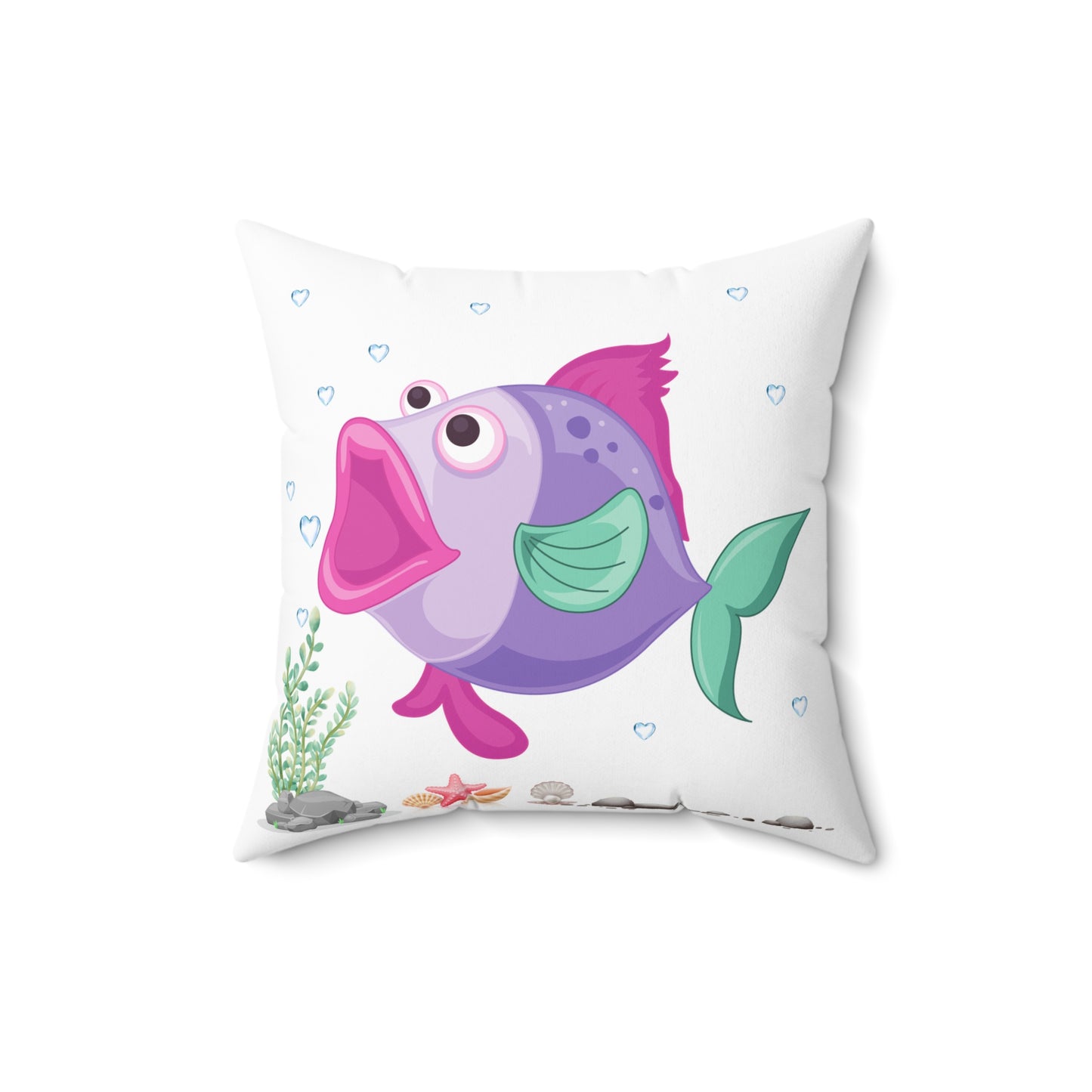 Fish with open mouth bubbles and underwater flora Spun Polyester Square Pillow