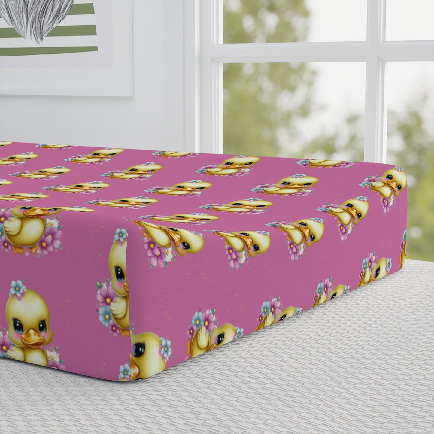 Pink Baby Changing Pad Cover with Cute Duck Pattern – Waterproof Fitted Crib Changing Mat Cover