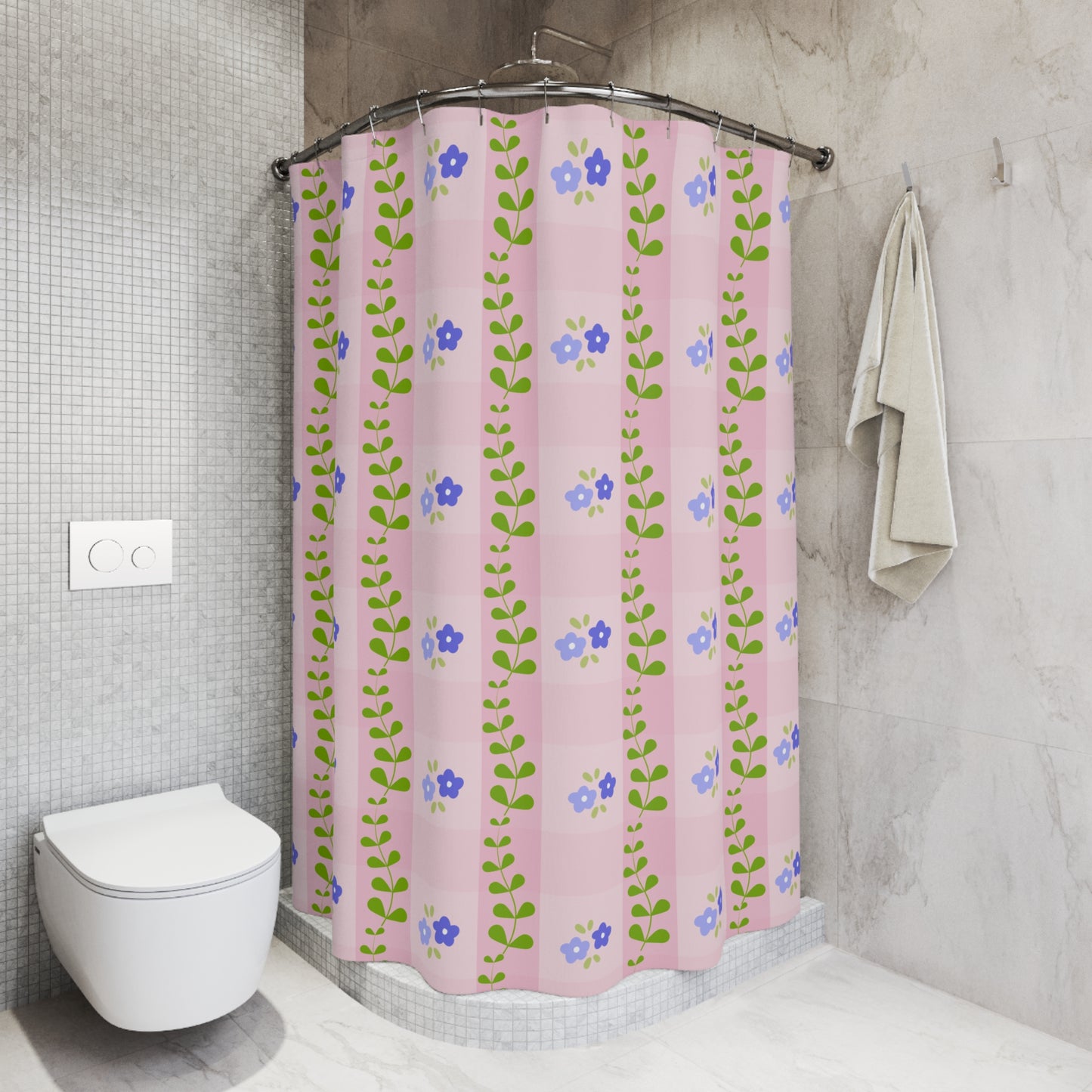 Floral Gingham Shower Curtain – Pink Blue Wildflower Pattern