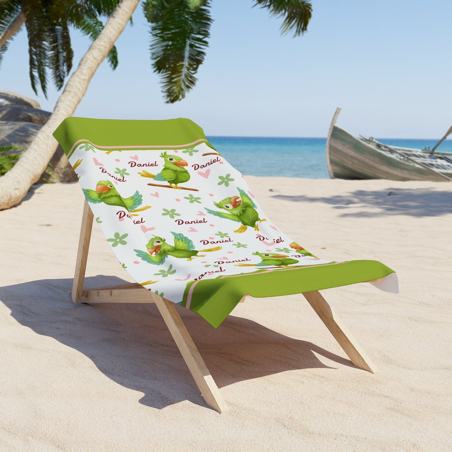 Personalized Parrot Beach Towel – Tropical Green Bird Pattern (Custom Name)