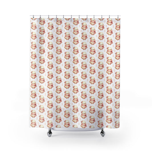 Cute Kawaii Otter Pattern Shower Curtain — Pink Watercolor Bath Decor