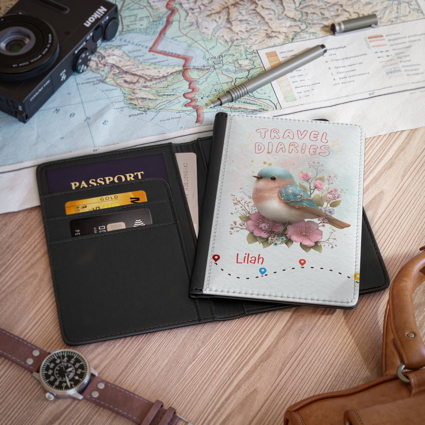 Travel Diaries Passport Cover — Personalized Cute Bird Floral Passport Holder