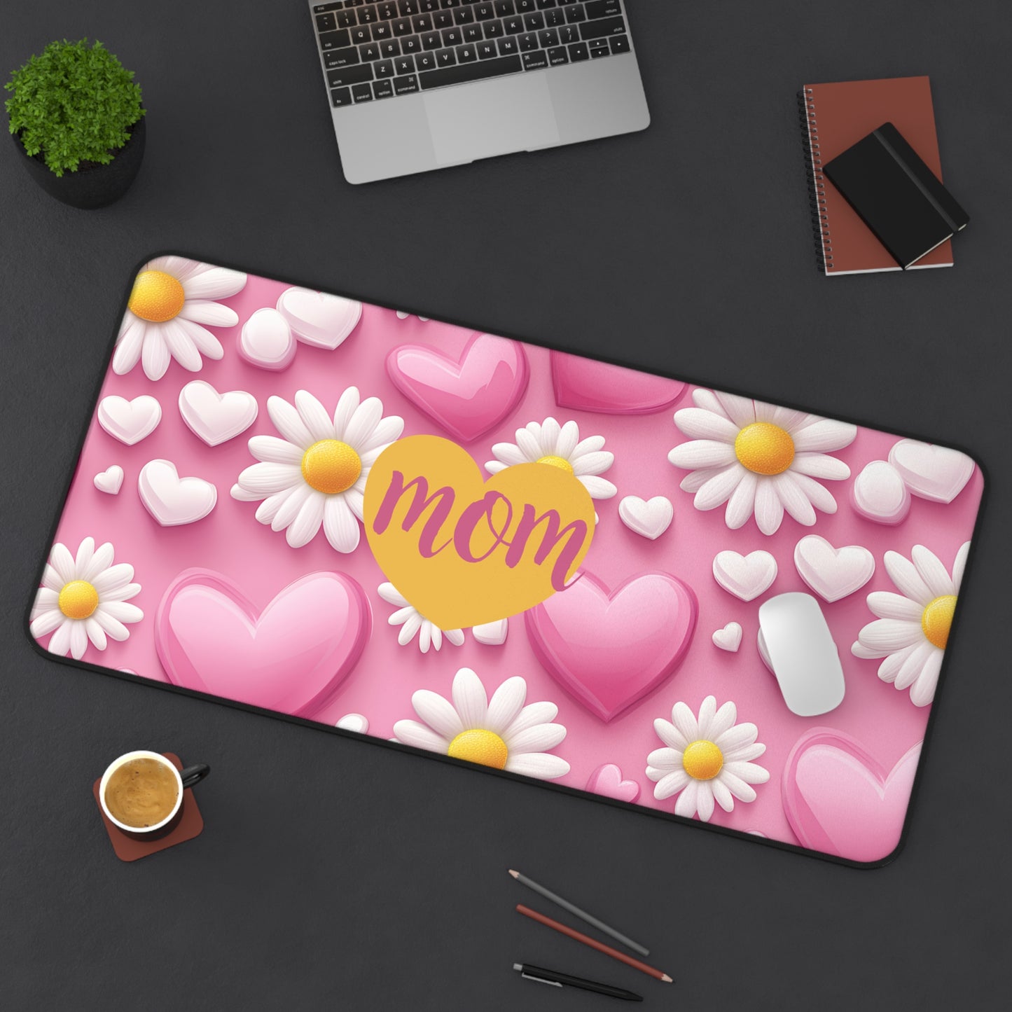 Mom Heart & Daisies Desk Mat — Pink Floral Mother’s Day Mousepad