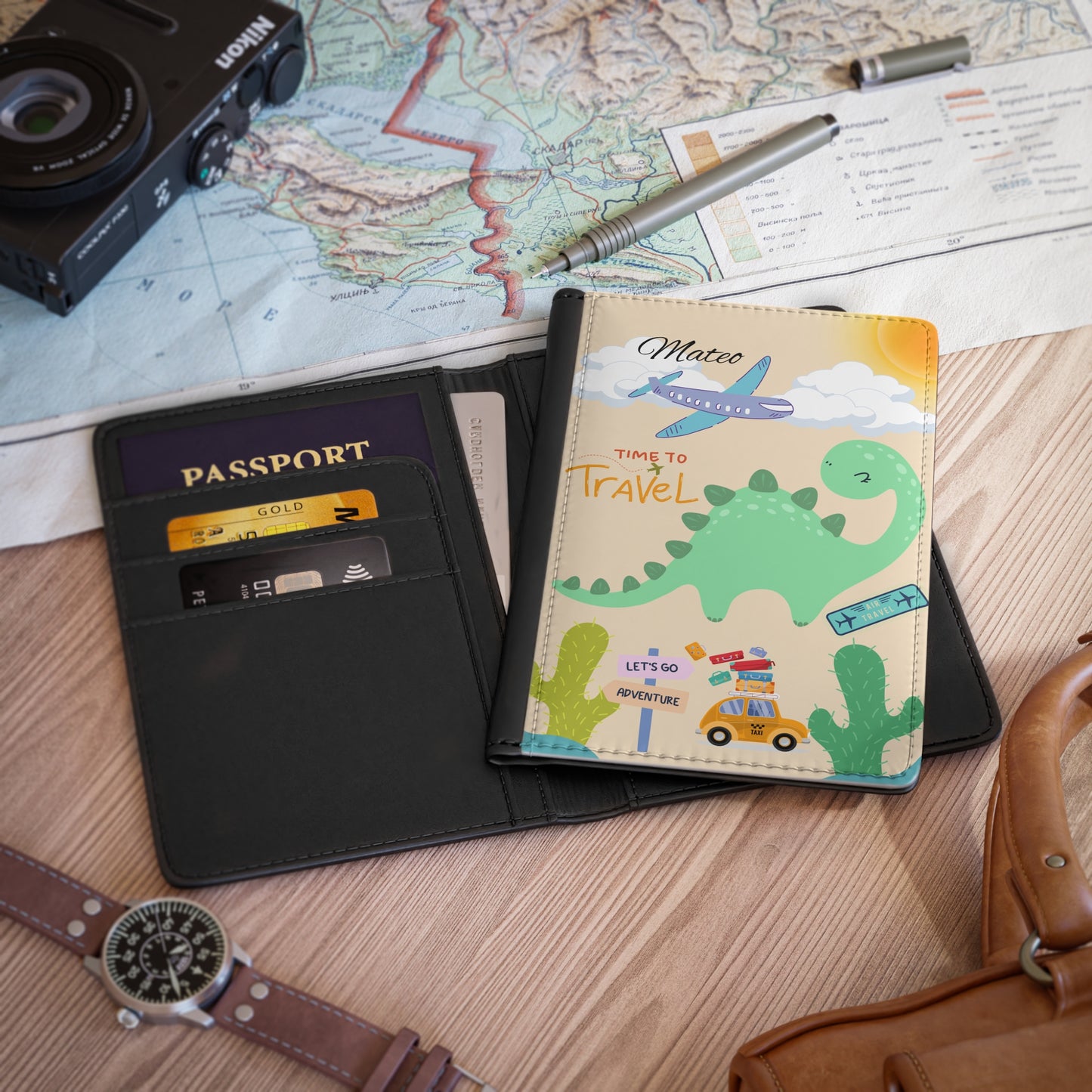 Dinosaur Travel Passport Cover — Personalized 'Time to Travel' Kids Passport Holder