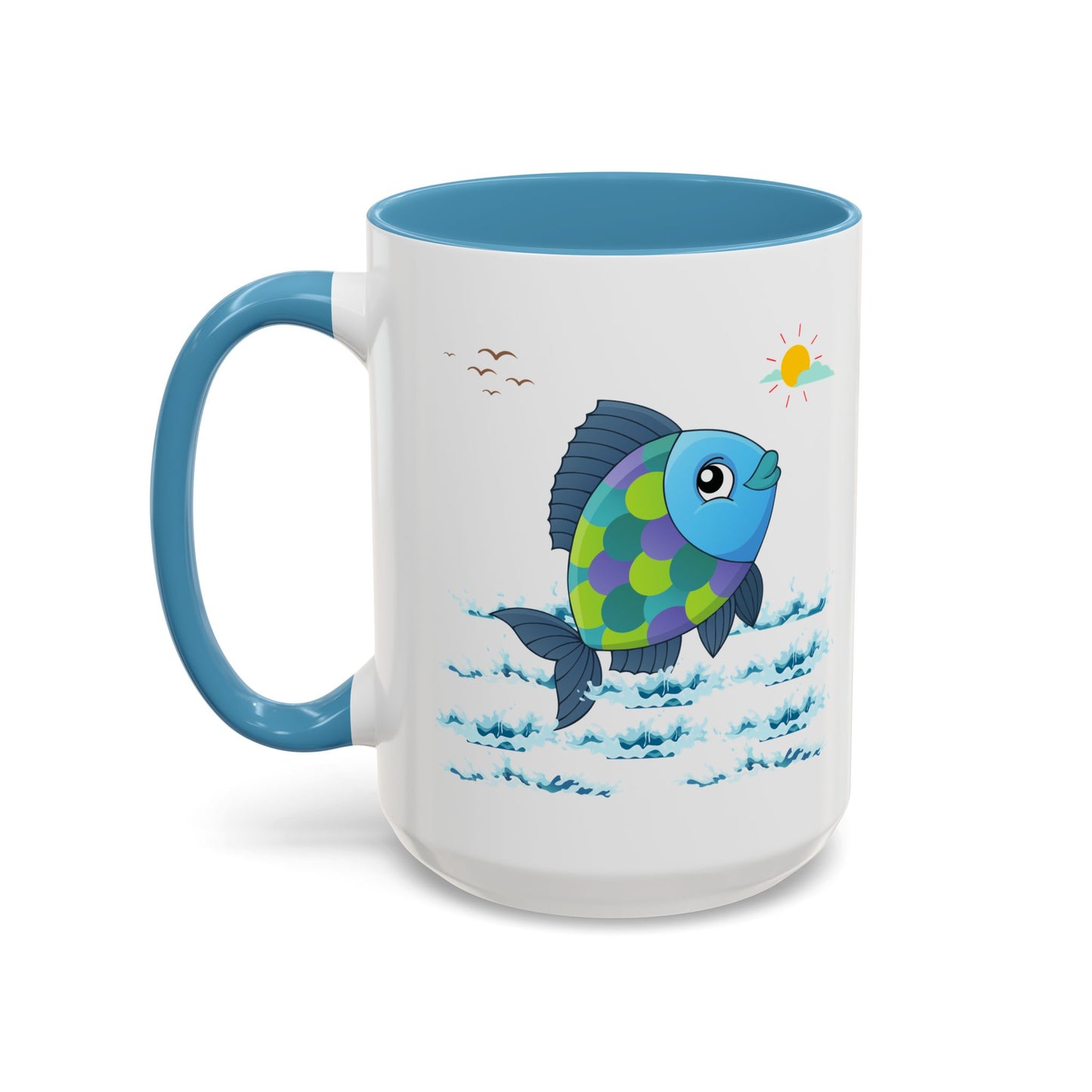 Fish with a sun and birds in the sky above water Coffee Mug