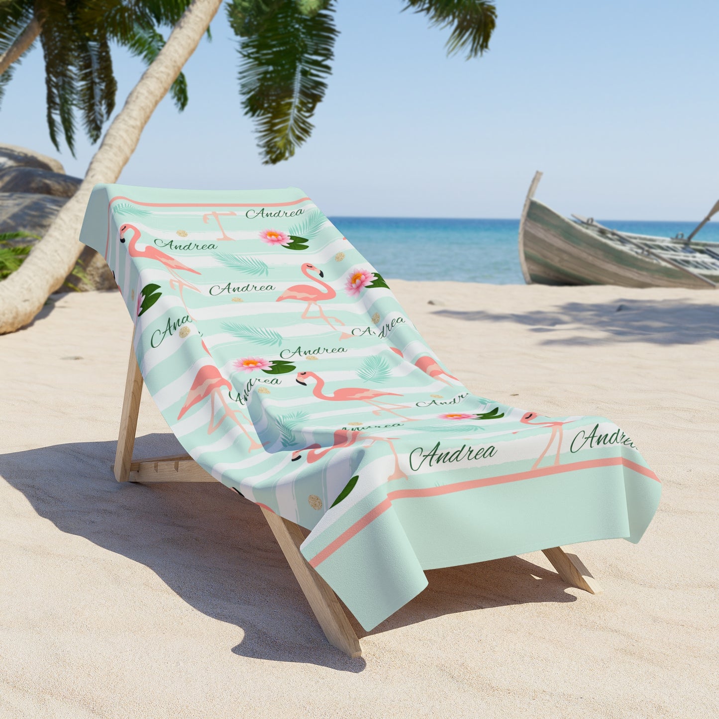 Personalized Flamingo Beach Towel — Mint Stripes, Tropical Flowers