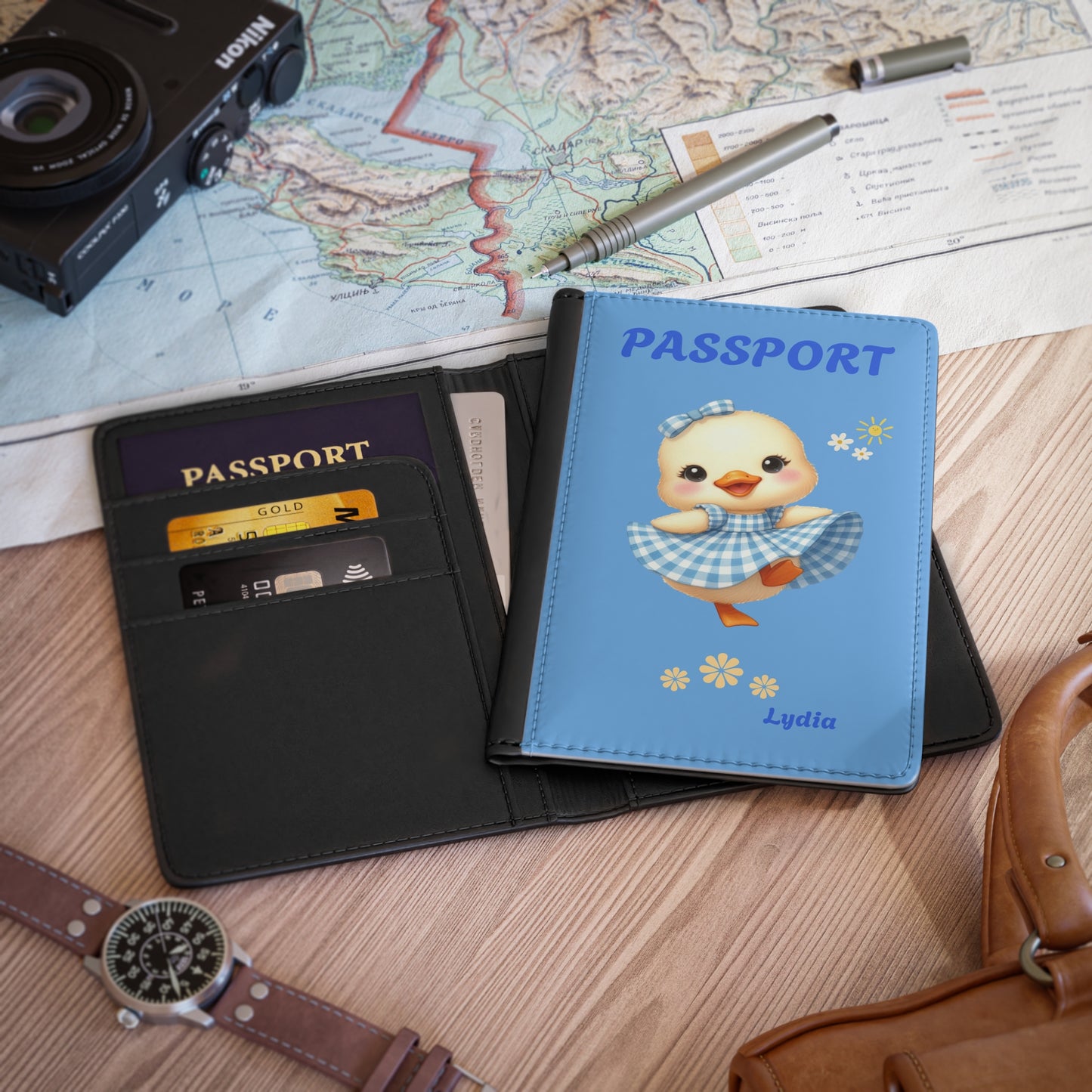 Cute Blue Duckling Passport Cover — Personalized "Passport" Travel Case for Kids