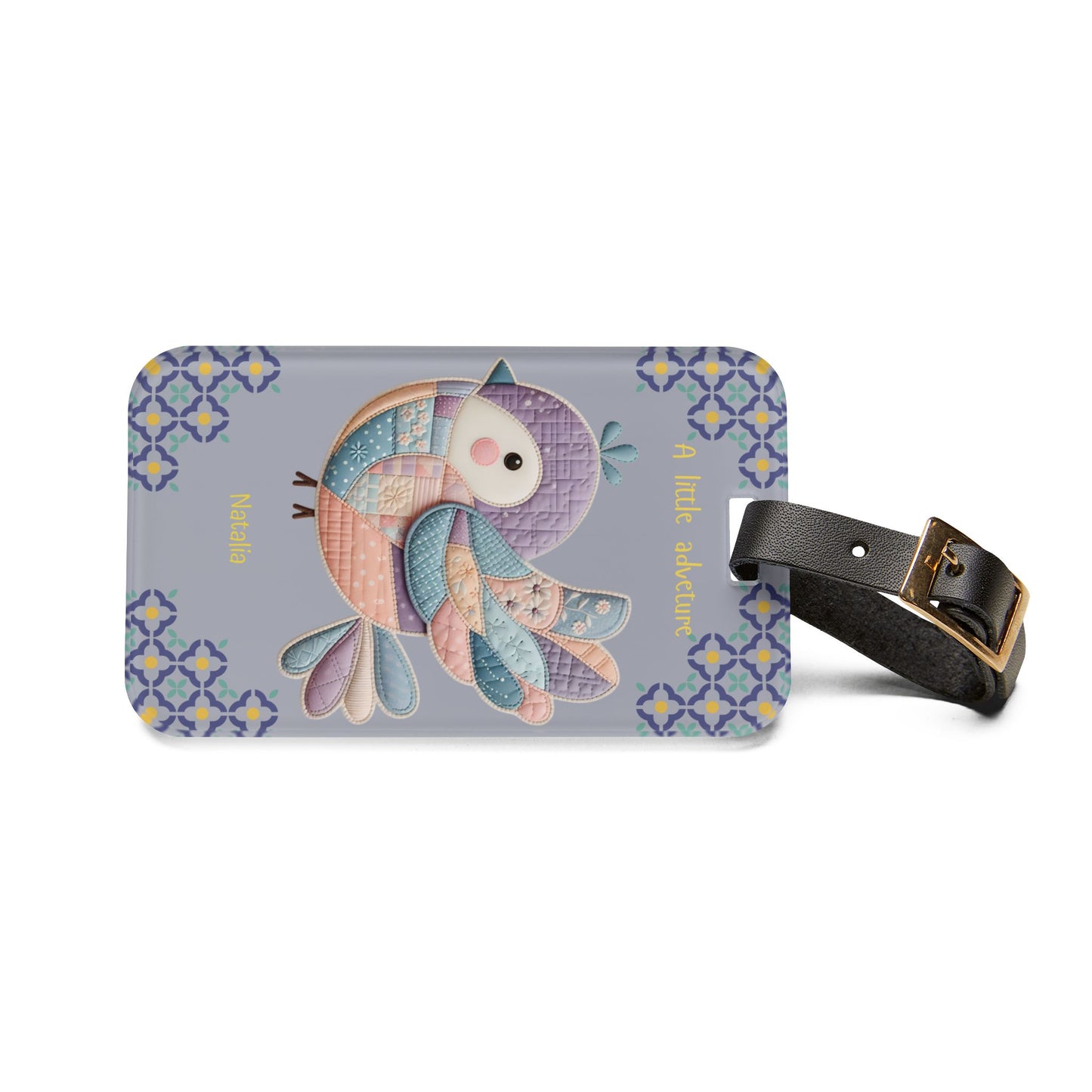 Luggage Tag — Pastel Quilted Bird "A Little Adventure" Personalized Travel Tag