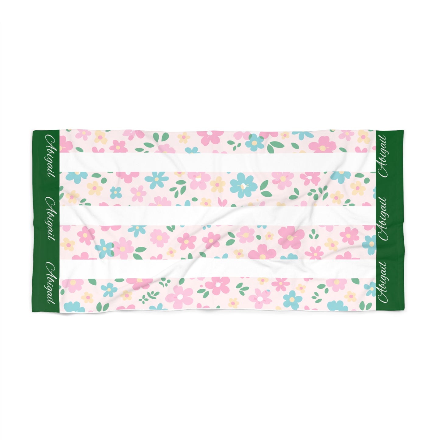 Floral Stripes Beach Towel – Pink & Mint Flowers with Green Trim