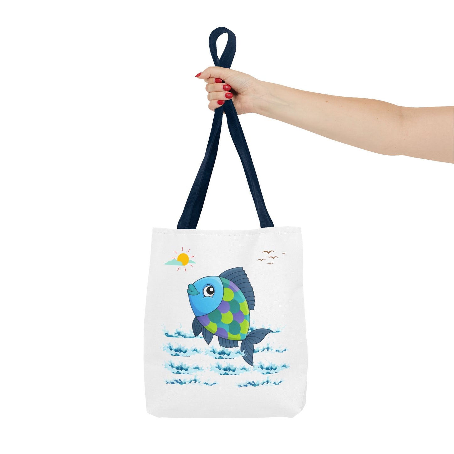 Fish with a sun and birds in the sky above water Tote Bag