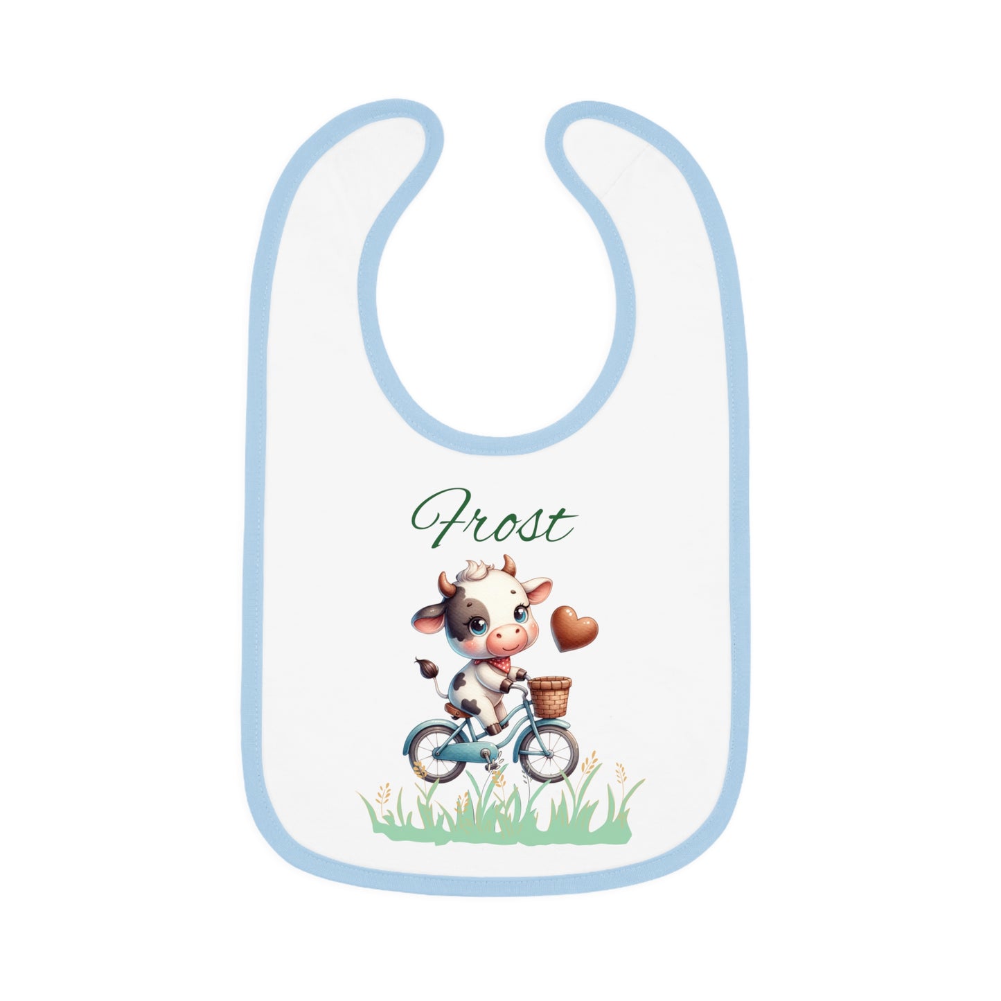 Personalized Baby Bib — Cute Cow on Bike Design with Name 'Frost'