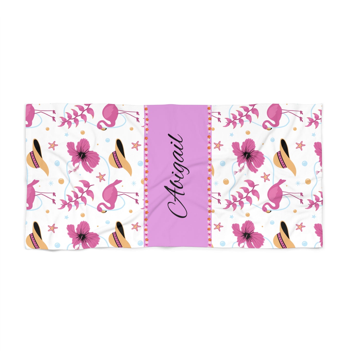 Personalized Pink Flamingo Beach Towel — Custom Name Tropical Hibiscus Design