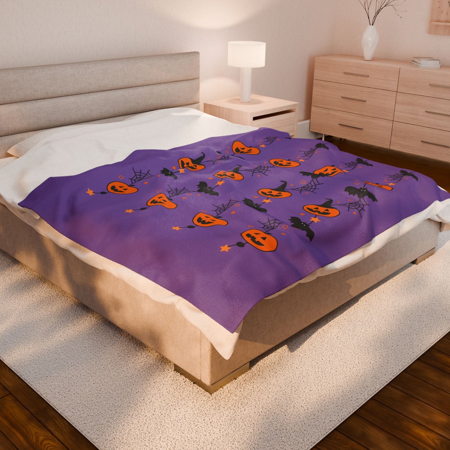 Halloween Velveteen Plush Blanket, Cozy Throw for Fall, Pumpkin and Bat Decor, Perfect for Spooky Season, Couch Blanket