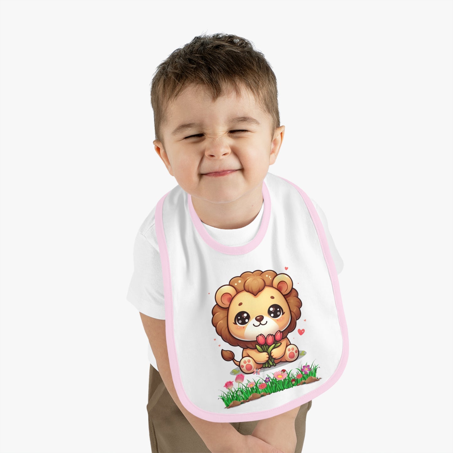 Baby Bib — Cute Lion Holding Flowers, Contrast Trim Infant Feeding Bib