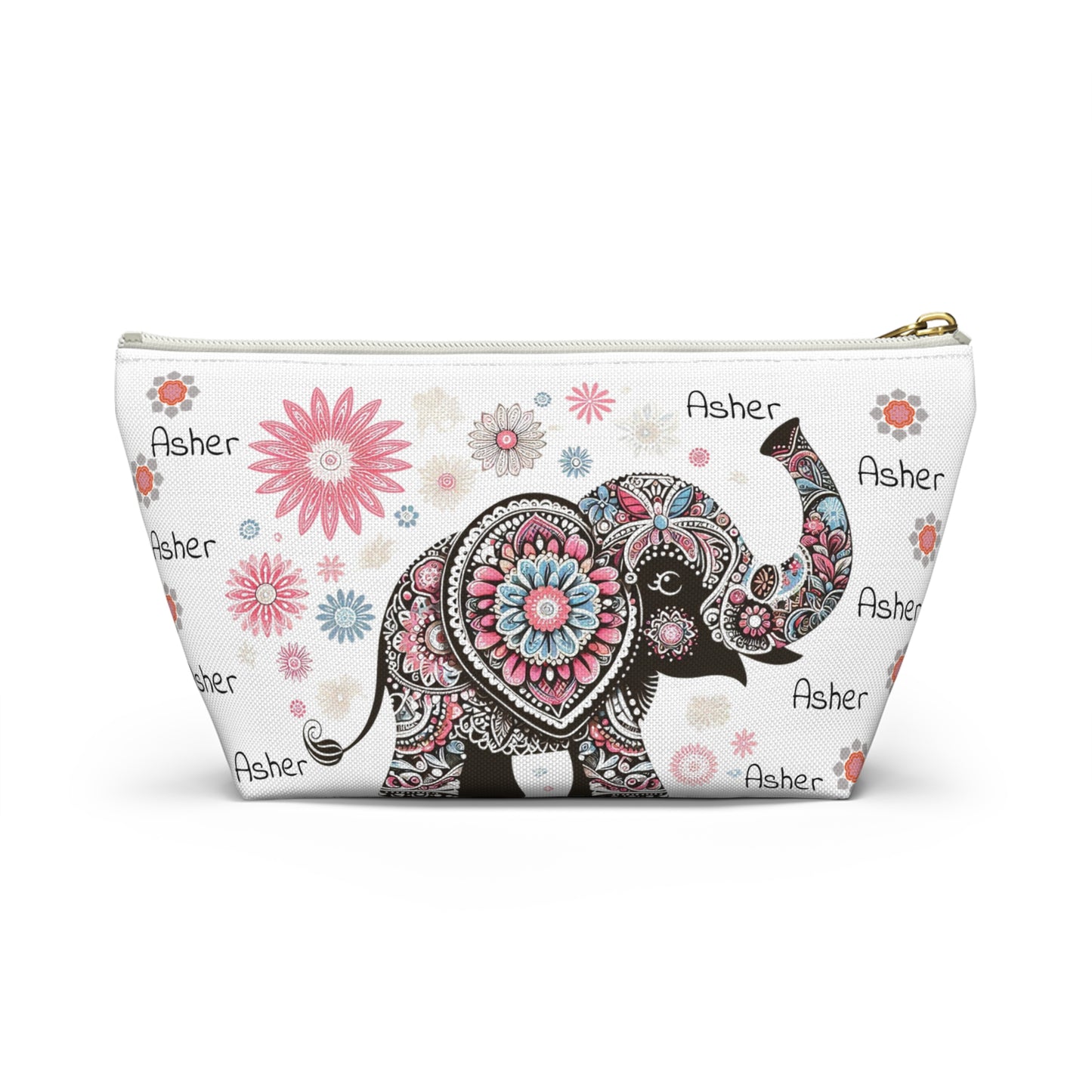 Personalized Elephant Accessory Pouch — Floral T-Bottom Makeup Bag