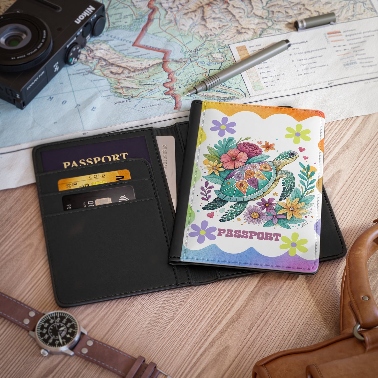Floral Sea Turtle Passport Cover — Colorful Tropical Travel Protector