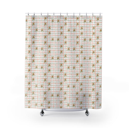 Floral Plaid Shower Curtain — Vintage Cottage Rose Bath Curtain