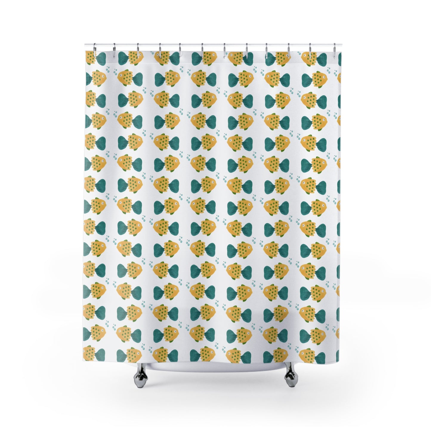 Fish Pattern Shower Curtain — Cute Yellow & Teal Fish Bathroom Decor