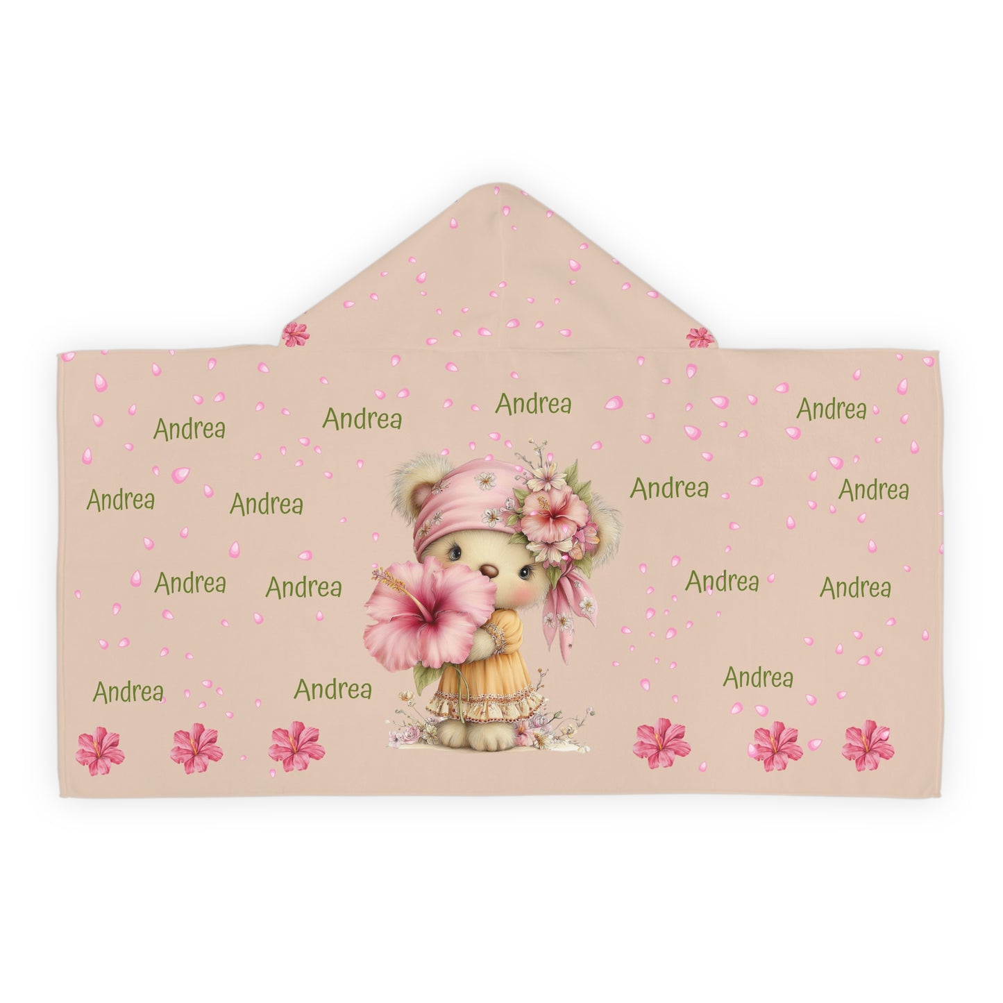 Personalized Kids Hooded Towel - Pink Floral Bear with Name (Andrea)