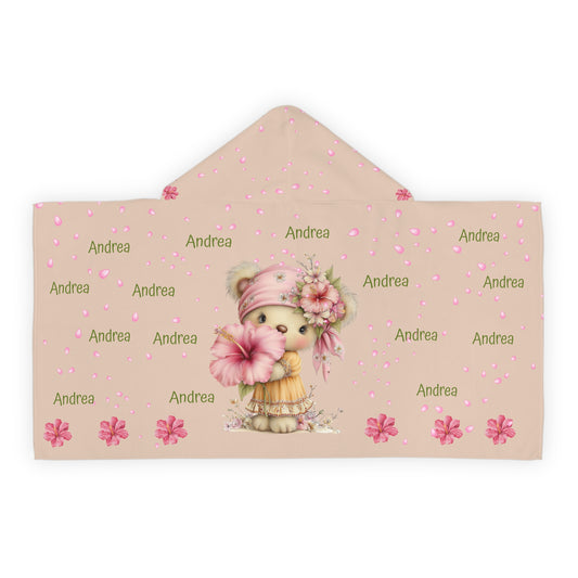 Personalized Kids Hooded Towel - Pink Floral Bear with Name (Andrea)