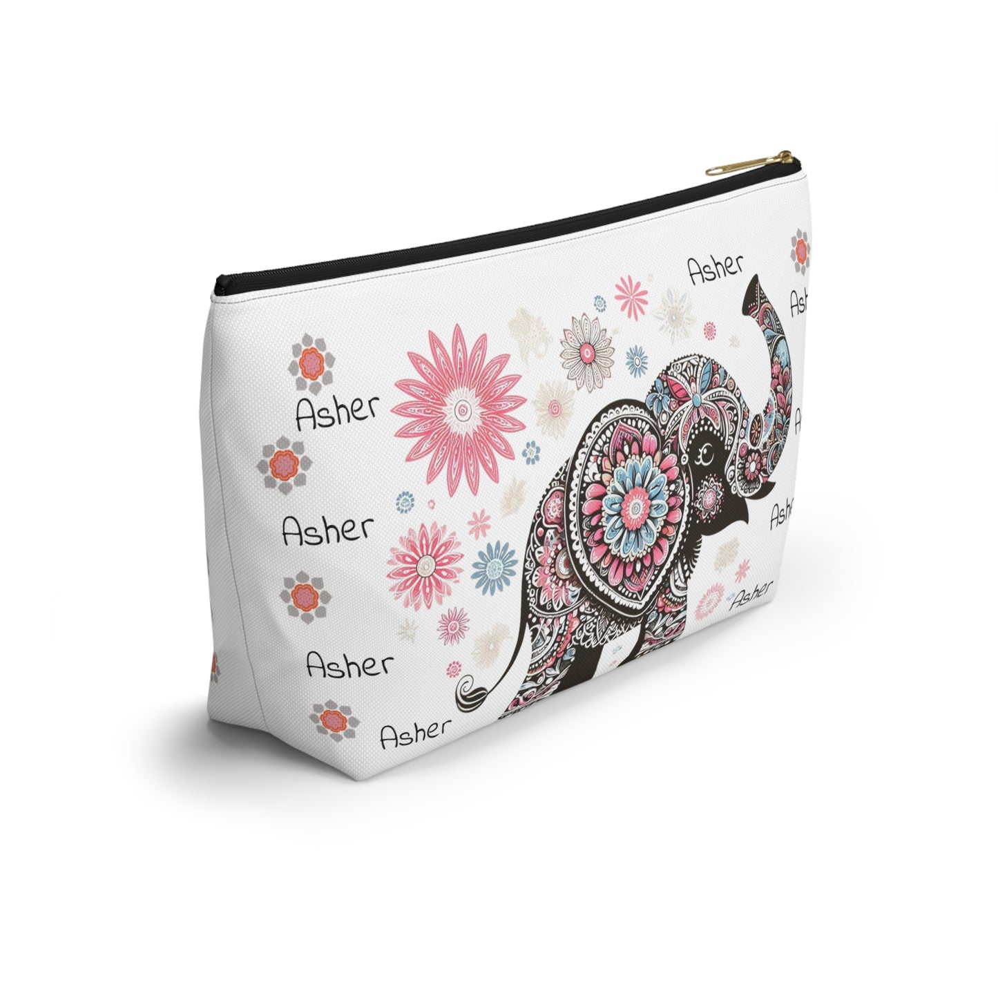 Personalized Elephant Accessory Pouch — Floral T-Bottom Makeup Bag