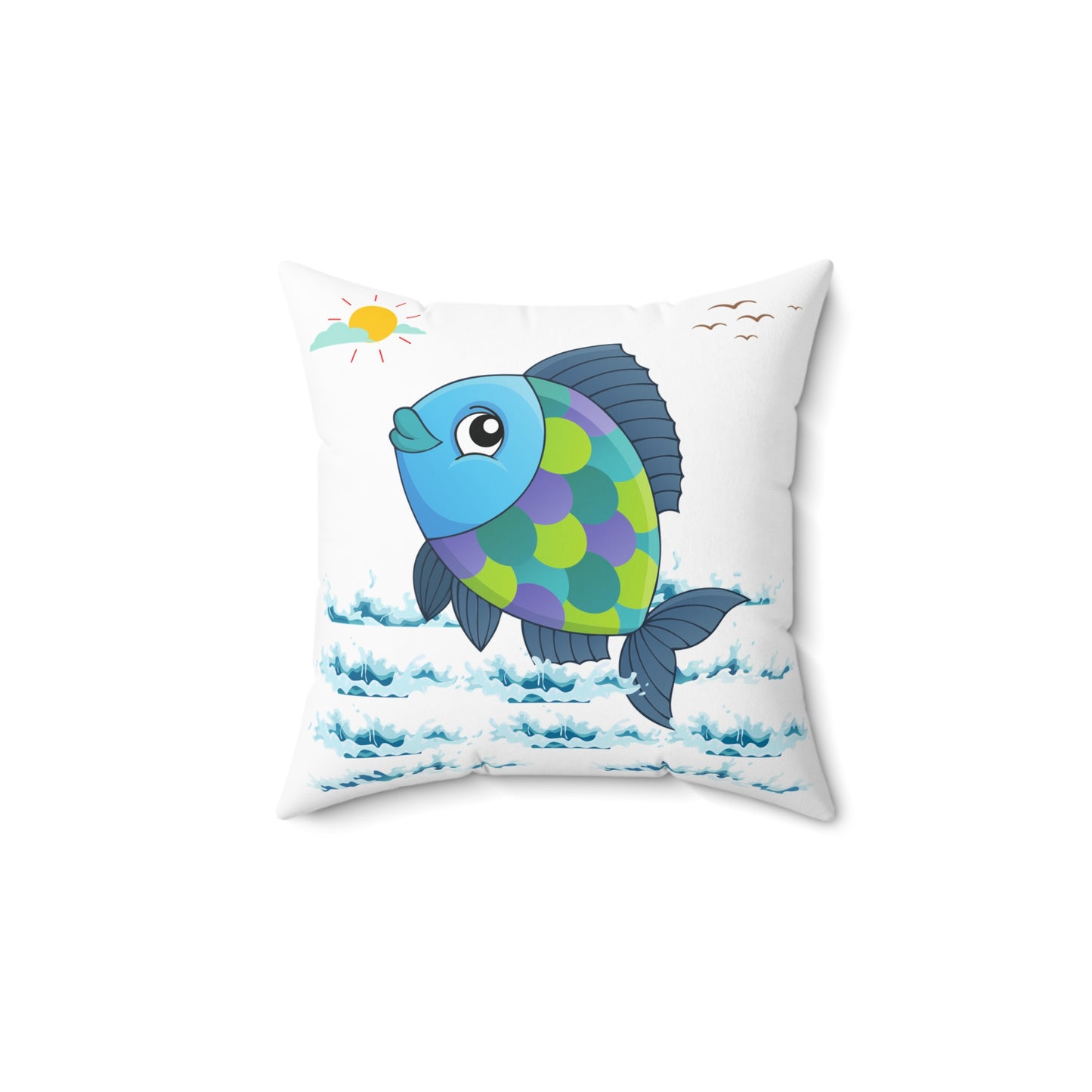 Fish with a sun and birds in the sky above water Spun Polyester Square Pillow