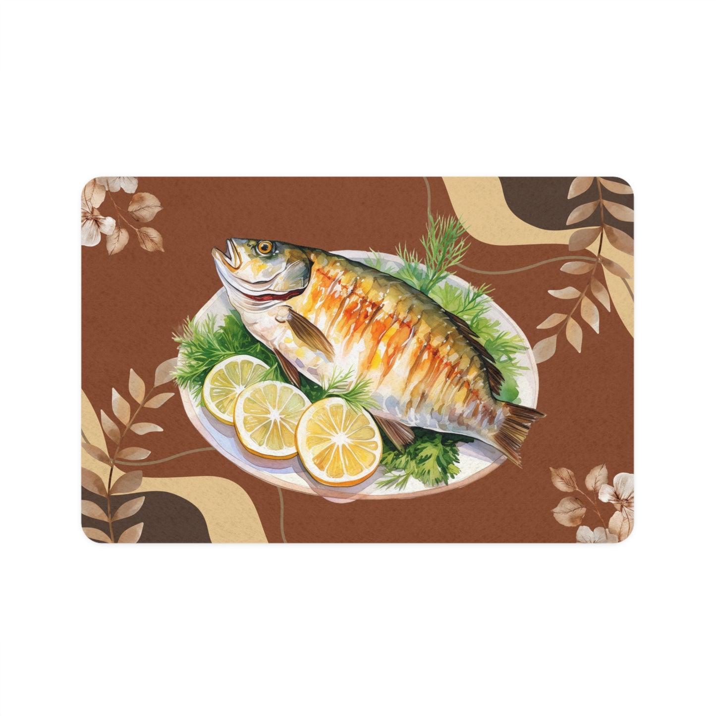 Fish Dinner Pet Food Mat (12x18) - Non-Slip Bowl Placemat with Lemon & Herb Design