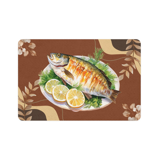 Fish Dinner Pet Food Mat (12x18) - Non-Slip Bowl Placemat with Lemon & Herb Design