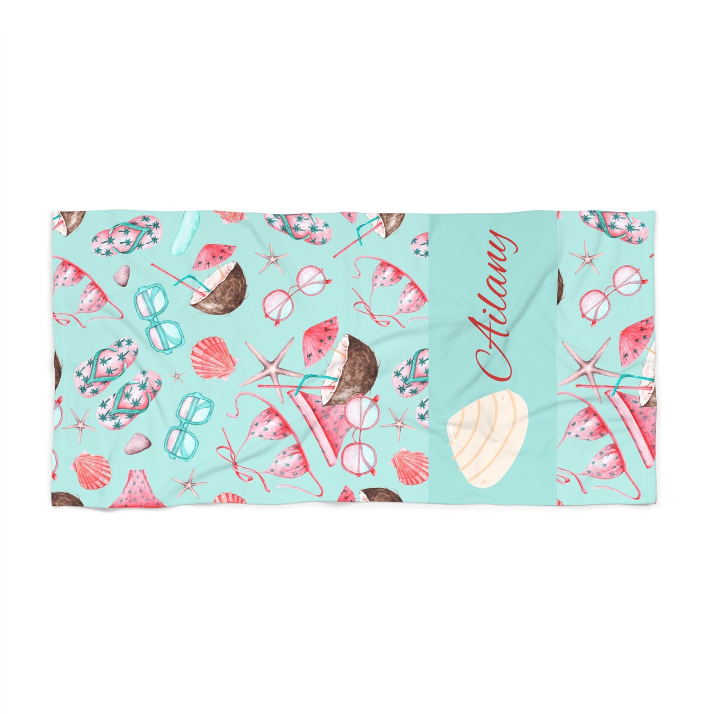 Personalized Seashell Beach Towel — Aqua Shell & Sunglasses Summer Design