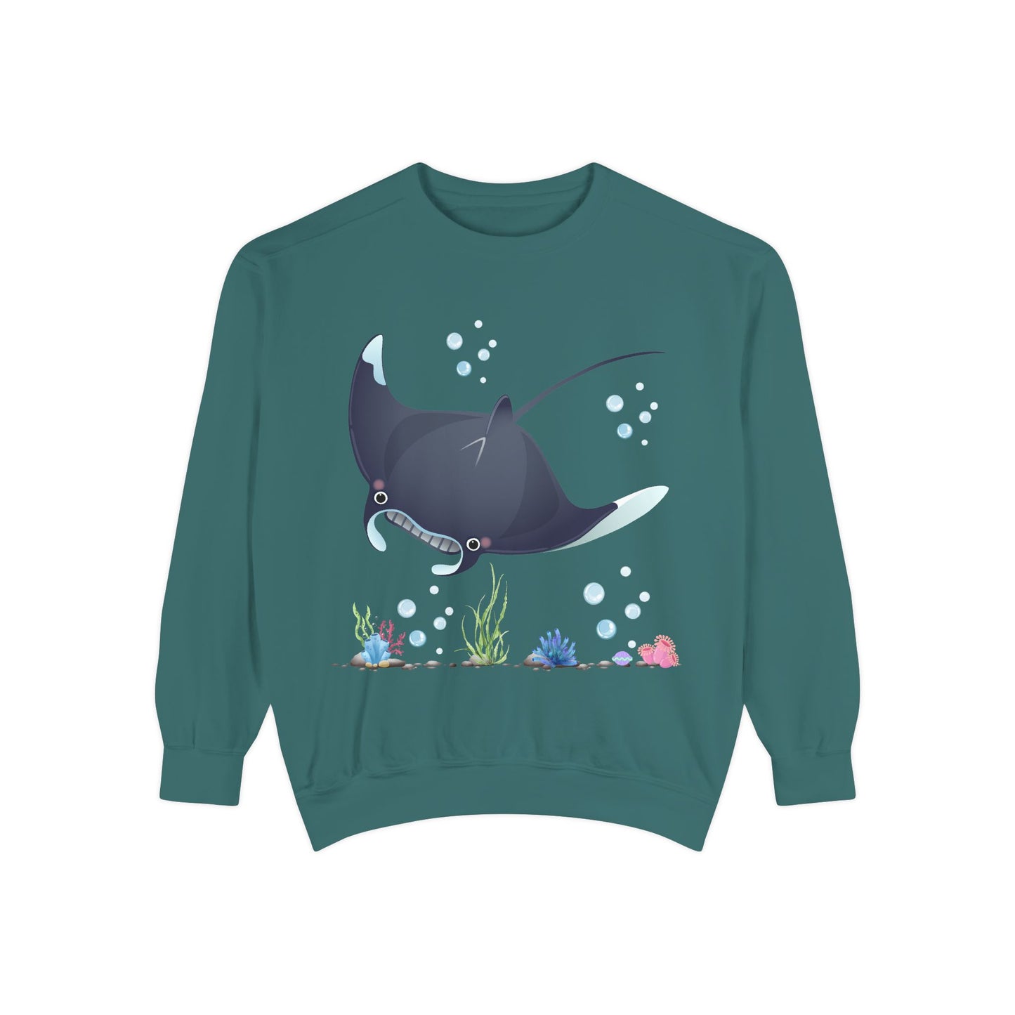 Manta ray with bubbles and coral reef Unisex Garment-Dyed Sweatshirt